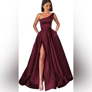 One Shoulder Burgundy Evening Gown with High Slit